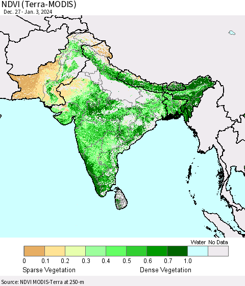 Southern Asia NDVI (Terra-MODIS) Thematic Map For 12/27/2023 - 1/3/2024