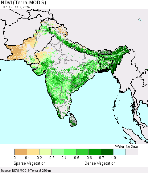 Southern Asia NDVI (Terra-MODIS) Thematic Map For 1/1/2024 - 1/8/2024