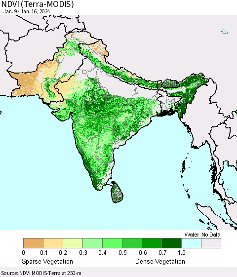 Southern Asia NDVI (Terra-MODIS) Thematic Map For 1/9/2024 - 1/16/2024