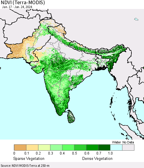 Southern Asia NDVI (Terra-MODIS) Thematic Map For 1/17/2024 - 1/24/2024