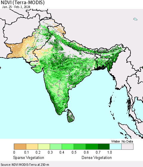 Southern Asia NDVI (Terra-MODIS) Thematic Map For 1/25/2024 - 2/1/2024