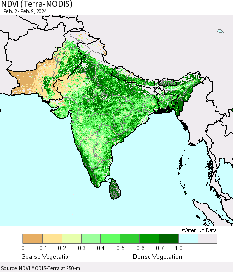 Southern Asia NDVI (Terra-MODIS) Thematic Map For 2/2/2024 - 2/9/2024