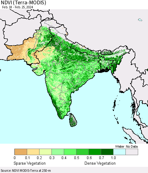 Southern Asia NDVI (Terra-MODIS) Thematic Map For 2/18/2024 - 2/25/2024