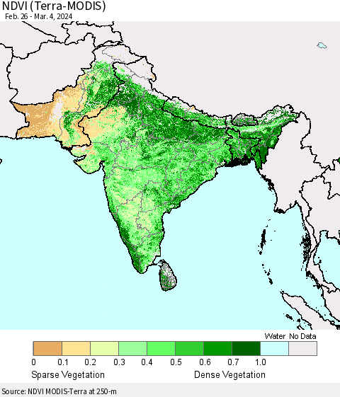 Southern Asia NDVI (Terra-MODIS) Thematic Map For 2/26/2024 - 3/4/2024