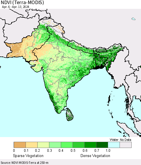 Southern Asia NDVI (Terra-MODIS) Thematic Map For 4/6/2024 - 4/13/2024