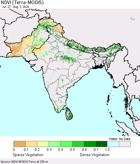 Southern Asia NDVI (Terra-MODIS) Thematic Map For 7/27/2024 - 8/3/2024