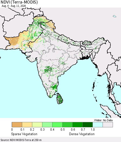 Southern Asia NDVI (Terra-MODIS) Thematic Map For 8/4/2024 - 8/11/2024