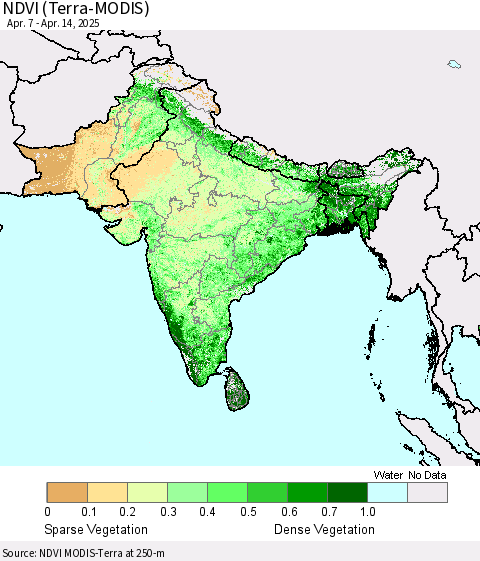 Southern Asia NDVI (Terra-MODIS) Thematic Map For 4/7/2025 - 4/14/2025