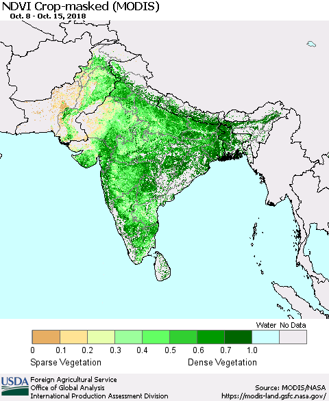 Southern Asia Cropland NDVI (Terra-MODIS) Thematic Map For 10/11/2018 - 10/20/2018