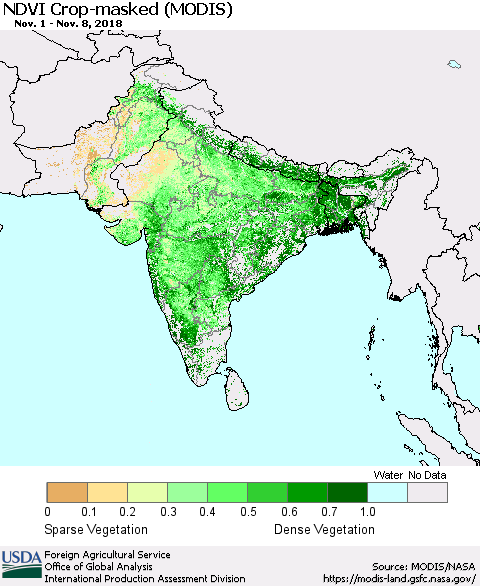 Southern Asia Cropland NDVI (Terra-MODIS) Thematic Map For 11/1/2018 - 11/10/2018