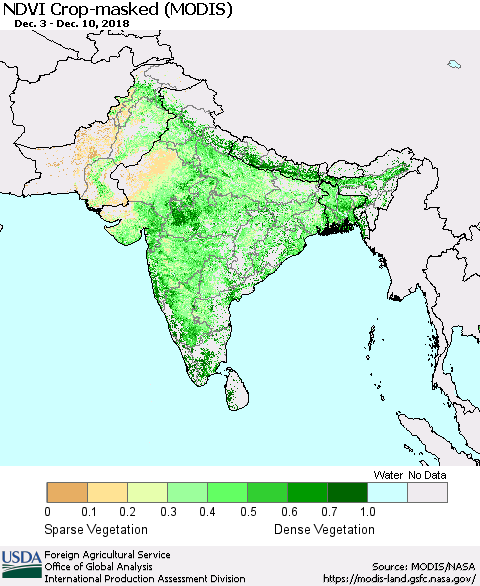 Southern Asia Cropland NDVI (Terra-MODIS) Thematic Map For 12/1/2018 - 12/10/2018