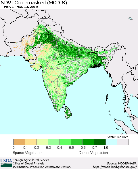 Southern Asia Cropland NDVI (Terra-MODIS) Thematic Map For 3/11/2019 - 3/20/2019