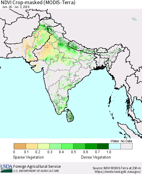 Southern Asia NDVI Crop-masked (MODIS-Terra) Thematic Map For 7/1/2019 - 7/10/2019