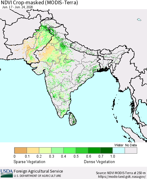Southern Asia NDVI Crop-masked (MODIS-Terra) Thematic Map For 6/21/2020 - 6/30/2020