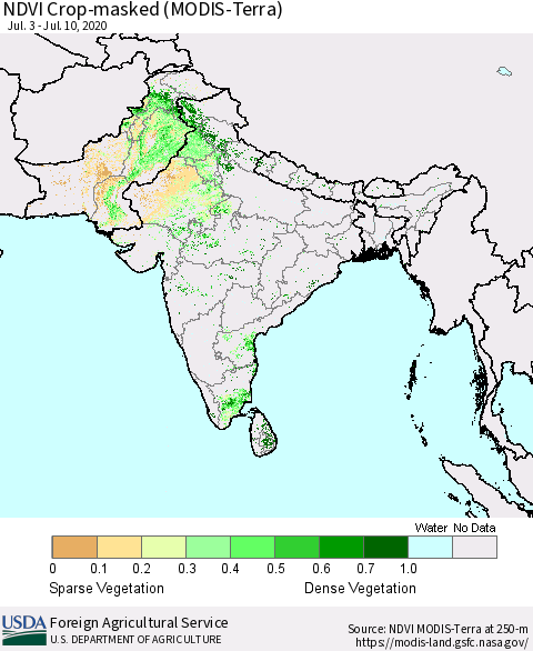 Southern Asia Cropland NDVI (Terra-MODIS) Thematic Map For 7/1/2020 - 7/10/2020