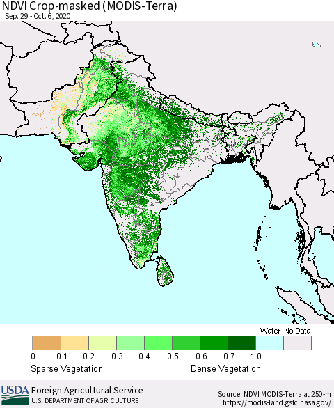 Southern Asia NDVI Crop-masked (MODIS-Terra) Thematic Map For 10/1/2020 - 10/10/2020