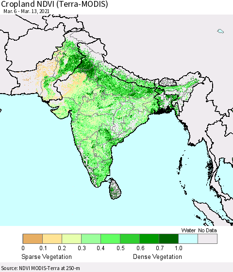Southern Asia Cropland NDVI (Terra-MODIS) Thematic Map For 3/6/2021 - 3/13/2021