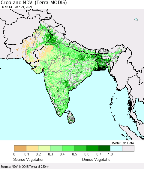 Southern Asia Cropland NDVI (Terra-MODIS) Thematic Map For 3/14/2021 - 3/21/2021