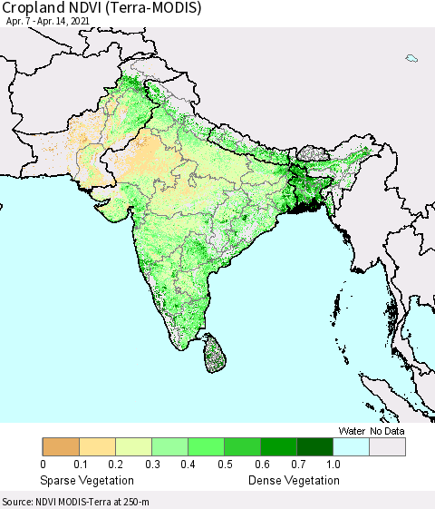 Southern Asia Cropland NDVI (Terra-MODIS) Thematic Map For 4/7/2021 - 4/14/2021
