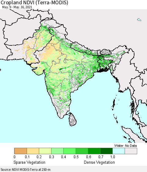 Southern Asia Cropland NDVI (Terra-MODIS) Thematic Map For 5/9/2021 - 5/16/2021