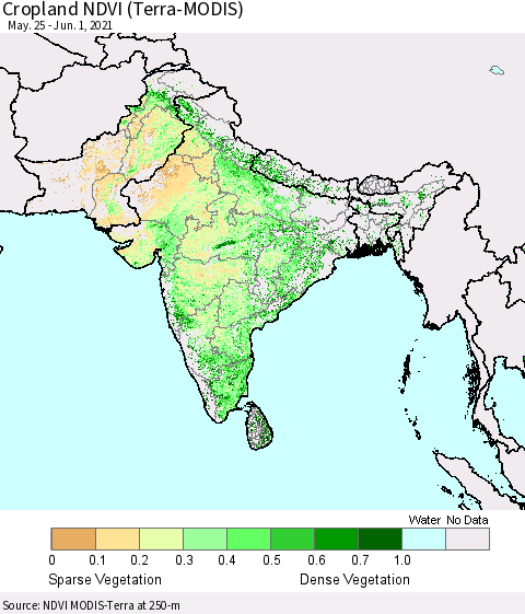 Southern Asia Cropland NDVI (Terra-MODIS) Thematic Map For 5/25/2021 - 6/1/2021