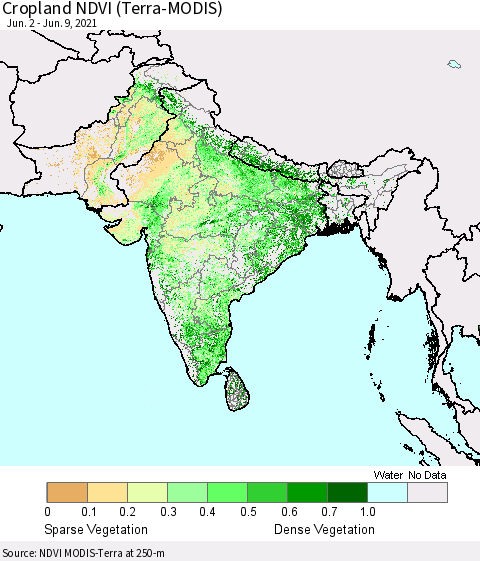 Southern Asia Cropland NDVI (Terra-MODIS) Thematic Map For 6/2/2021 - 6/9/2021