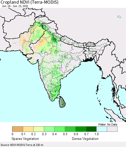 Southern Asia Cropland NDVI (Terra-MODIS) Thematic Map For 6/18/2021 - 6/25/2021