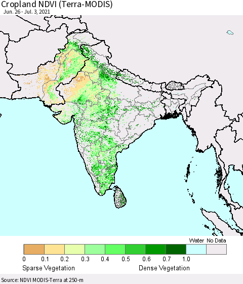Southern Asia Cropland NDVI (Terra-MODIS) Thematic Map For 6/26/2021 - 7/3/2021