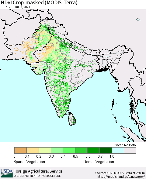 Southern Asia Cropland NDVI (Terra-MODIS) Thematic Map For 7/1/2021 - 7/10/2021