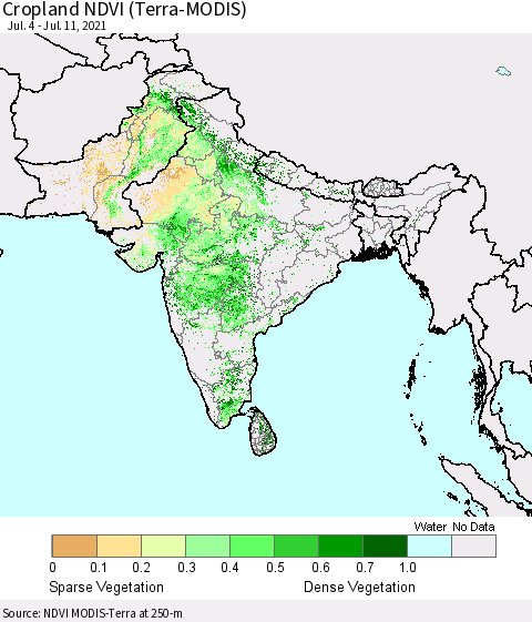Southern Asia Cropland NDVI (Terra-MODIS) Thematic Map For 7/4/2021 - 7/11/2021