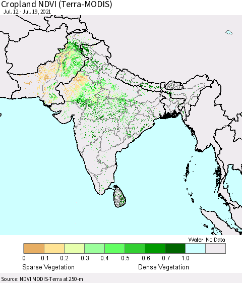 Southern Asia Cropland NDVI (Terra-MODIS) Thematic Map For 7/12/2021 - 7/19/2021