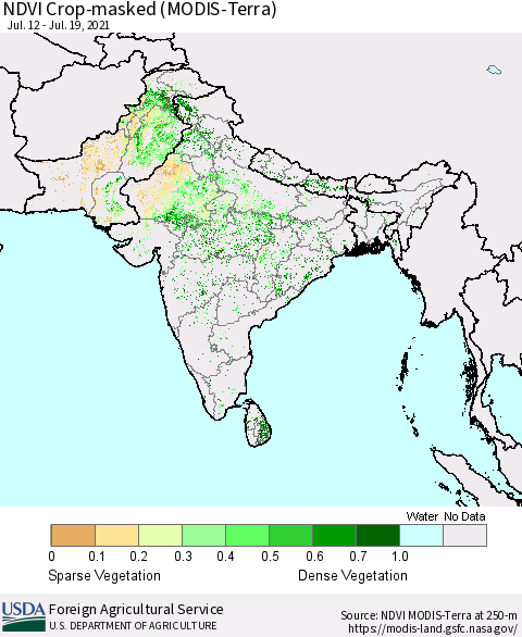 Southern Asia Cropland NDVI (Terra-MODIS) Thematic Map For 7/11/2021 - 7/20/2021
