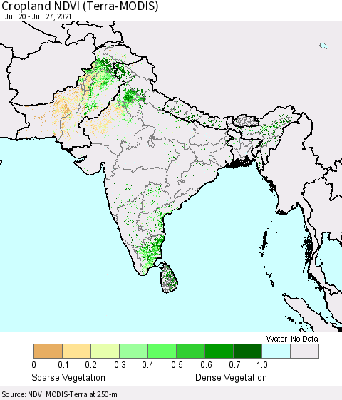 Southern Asia Cropland NDVI (Terra-MODIS) Thematic Map For 7/20/2021 - 7/27/2021