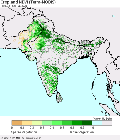 Southern Asia Cropland NDVI (Terra-MODIS) Thematic Map For 9/14/2021 - 9/21/2021
