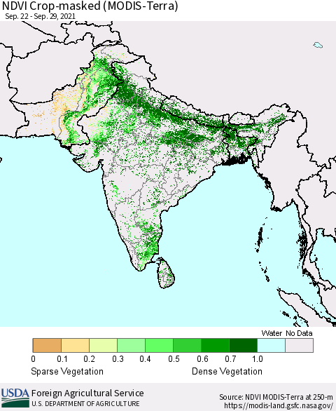 Southern Asia Cropland NDVI (Terra-MODIS) Thematic Map For 9/21/2021 - 9/30/2021