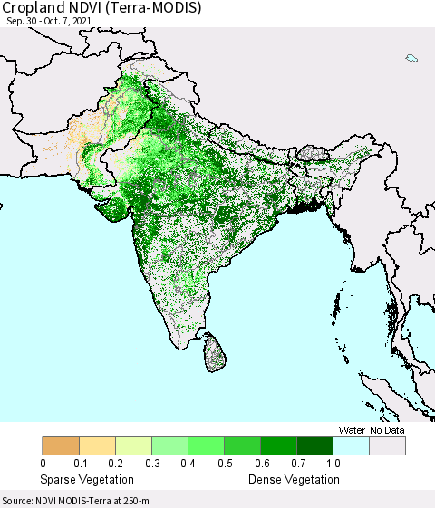 Southern Asia Cropland NDVI (Terra-MODIS) Thematic Map For 9/30/2021 - 10/7/2021