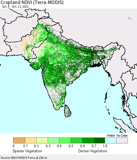 Southern Asia Cropland NDVI (Terra-MODIS) Thematic Map For 10/8/2021 - 10/15/2021