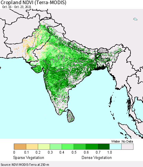 Southern Asia Cropland NDVI (Terra-MODIS) Thematic Map For 10/16/2021 - 10/23/2021