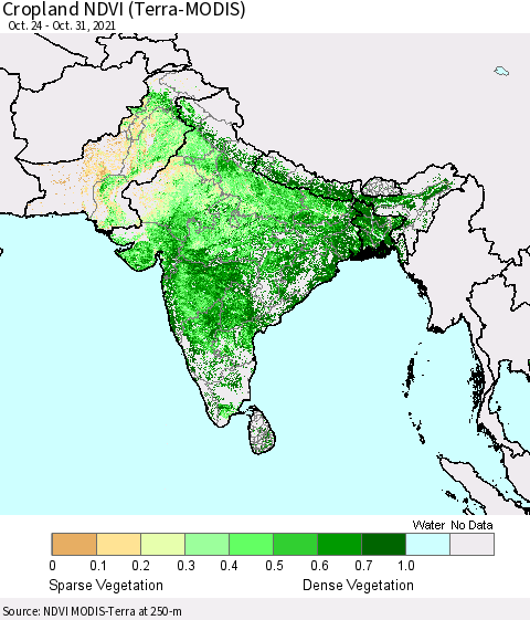 Southern Asia Cropland NDVI (Terra-MODIS) Thematic Map For 10/21/2021 - 10/31/2021