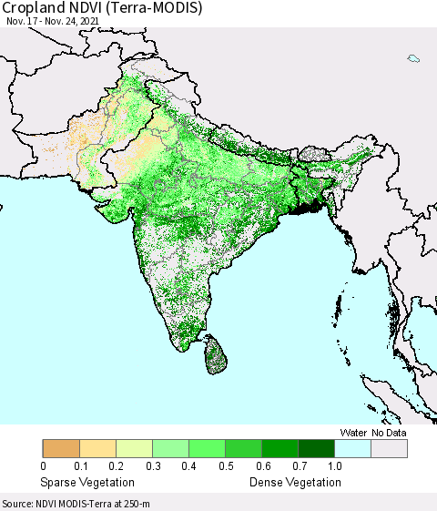Southern Asia Cropland NDVI (Terra-MODIS) Thematic Map For 11/17/2021 - 11/24/2021