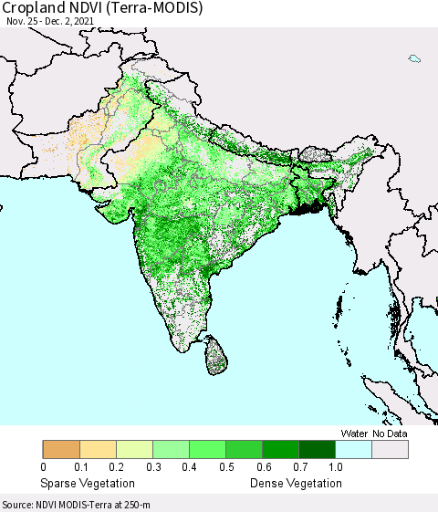 Southern Asia Cropland NDVI (Terra-MODIS) Thematic Map For 11/25/2021 - 12/2/2021