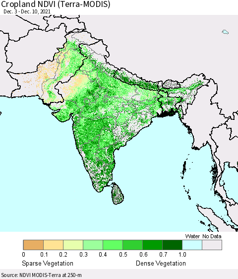 Southern Asia NDVI Crop-masked (MODIS-Terra) Thematic Map For 12/1/2021 - 12/10/2021