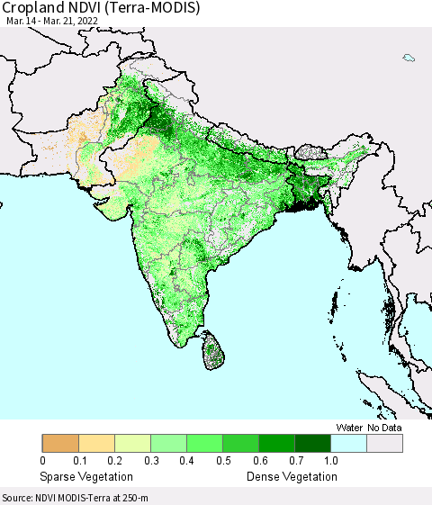 Southern Asia Cropland NDVI (Terra-MODIS) Thematic Map For 3/14/2022 - 3/21/2022