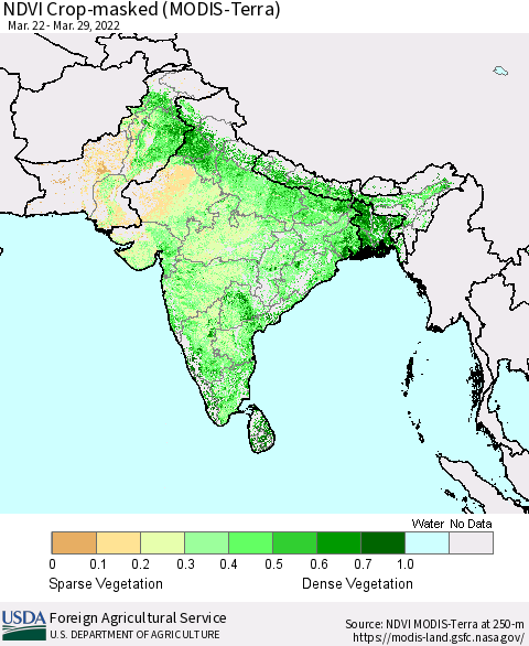 Southern Asia Cropland NDVI (Terra-MODIS) Thematic Map For 3/21/2022 - 3/31/2022