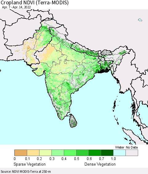 Southern Asia Cropland NDVI (Terra-MODIS) Thematic Map For 4/7/2022 - 4/14/2022
