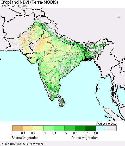 Southern Asia Cropland NDVI (Terra-MODIS) Thematic Map For 4/21/2022 - 4/30/2022