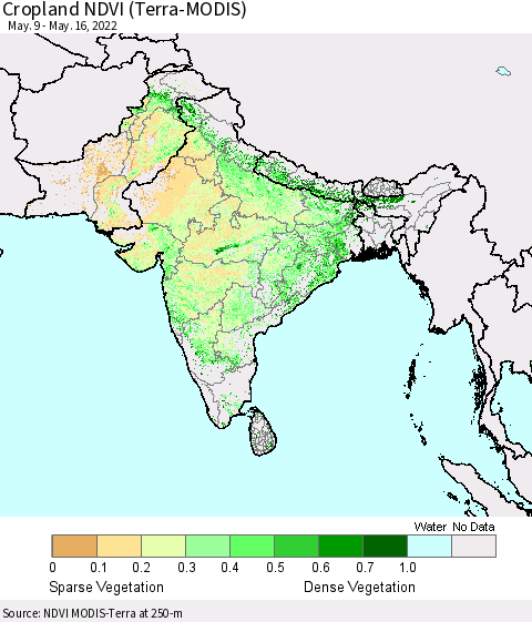 Southern Asia Cropland NDVI (Terra-MODIS) Thematic Map For 5/9/2022 - 5/16/2022