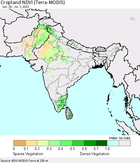 Southern Asia Cropland NDVI (Terra-MODIS) Thematic Map For 6/26/2022 - 7/3/2022