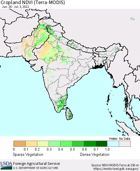 Southern Asia Cropland NDVI (Terra-MODIS) Thematic Map For 7/1/2022 - 7/10/2022