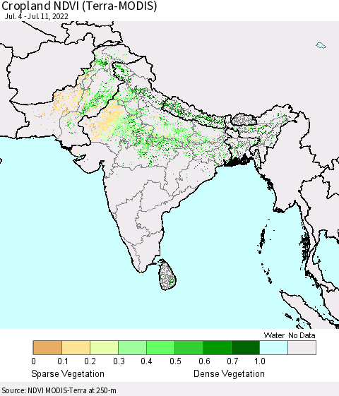 Southern Asia Cropland NDVI (Terra-MODIS) Thematic Map For 7/4/2022 - 7/11/2022
